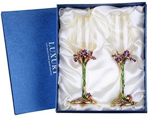 SUQ I OME Enamel Wine Crystal Champagne Flutes Glasses Set of 2, Decorative Enamel Champagne Glasses, Gifts for Brides and Grooms, Wedding, Valentine, Anniversary, Birthday