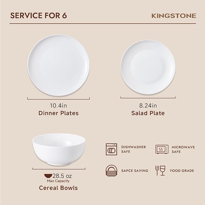KINGSTONE 18-Piece Bone China Dinnerware Set for 6, Lightweight Porcelain Round Plates and Bowls Set, Durable Scratch Resistant Ceramic Dinner Set, Microwave & Dishwasher Safe, Ivory White