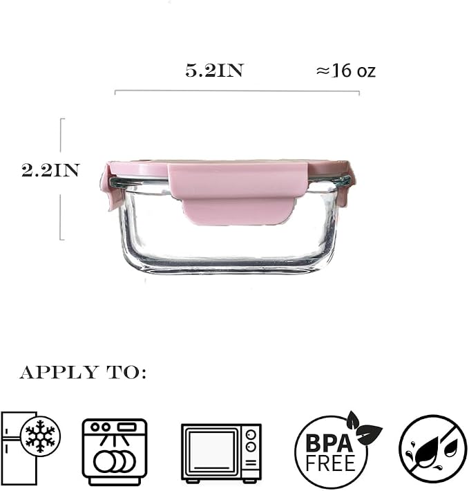 Square 2cup Glass Food Storage Containers with Airtight Lids, 16oz Glass Meal Prep Containers, Square Food Bowl For Lunch, Fruit, Snack, Dishwasher Microwave Freezer Safe (Pink+Green)