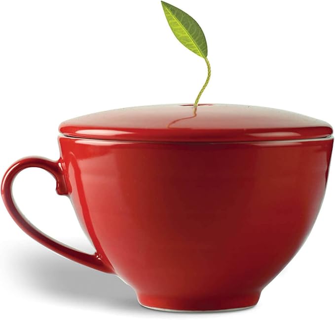 Tea Forte Porcelain Tea Cup and Lid, Steeps 8 oz., Microwave & Dishwasher Safe, Café Cup Ruby Red