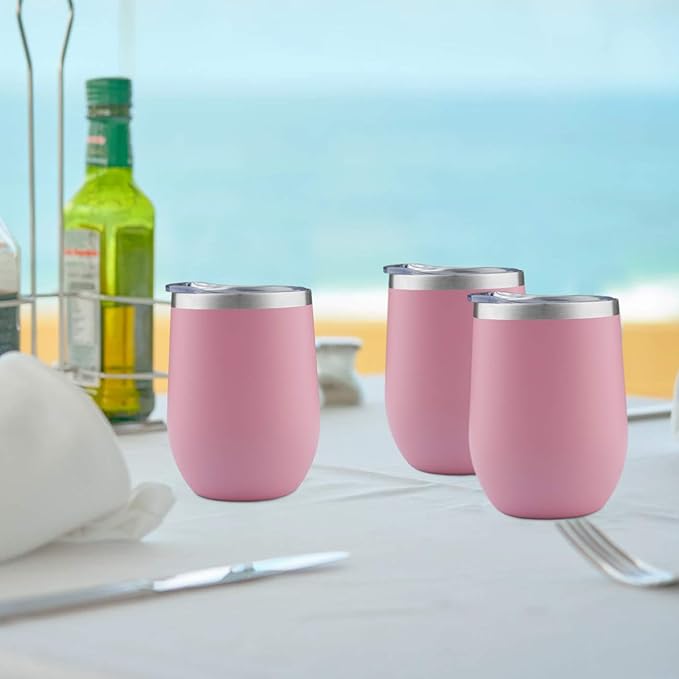 MEWAY 12oz/4 Pack Wine Tumbler Glasses with Lid - Stemless Double Wall Vacuum Stainless Steel Travel Tumbler - Keeping Cold & Hot for Wine,Coffee,Cocktails,Drinks-Family and Gifts (Pink,Set of 4)