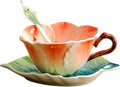 WAYUTO 3D Ceramic Coffee Mug and Saucer Set with Spoon Flower Leaf Coffee Mug Tea Cup with Decorative Handle Vintage Floral Drinking Cups Unique Gifts for Birthday Wedding Christmas 6oz Pink