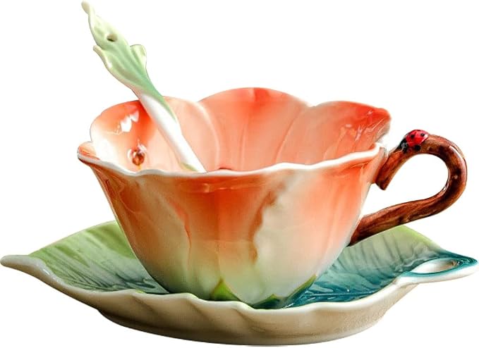 WAYUTO 3D Ceramic Coffee Mug and Saucer Set with Spoon Flower Leaf Coffee Mug Tea Cup with Decorative Handle Vintage Floral Drinking Cups Unique Gifts for Birthday Wedding Christmas 6oz Pink