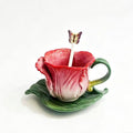 Ceramic Tea Cup and Saucer Set ，8OZ 3D Hand-Painted Flower Coffee Mug，Gift for Women -RoseRed