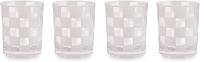 MACKENZIE-CHILDS Set of 4 Acrylic Tumblers, Open Tumbler Cups, Acrylic Cups, 14 Ounces, White Check