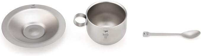 Keith Titanium Ti3601 Double-Wall Coffee Cup with Saucer and Spoon