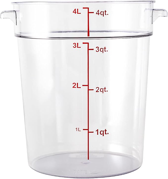 Met Lux 4 Quart Food Storage Container, 1 Round Commercial Storage Container - Lid Sold Separately, With Volume Markers, Clear Plastic Food Prep Bucket, Space-Saving Storage
