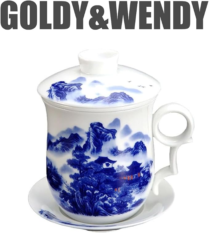 GOLDY&WENDY Ceramic Tea Cup Set with Strainer Infuser and Lid and Saucer Chinese Anti-scalding Handle Design Porcelain Personal Tea Mug