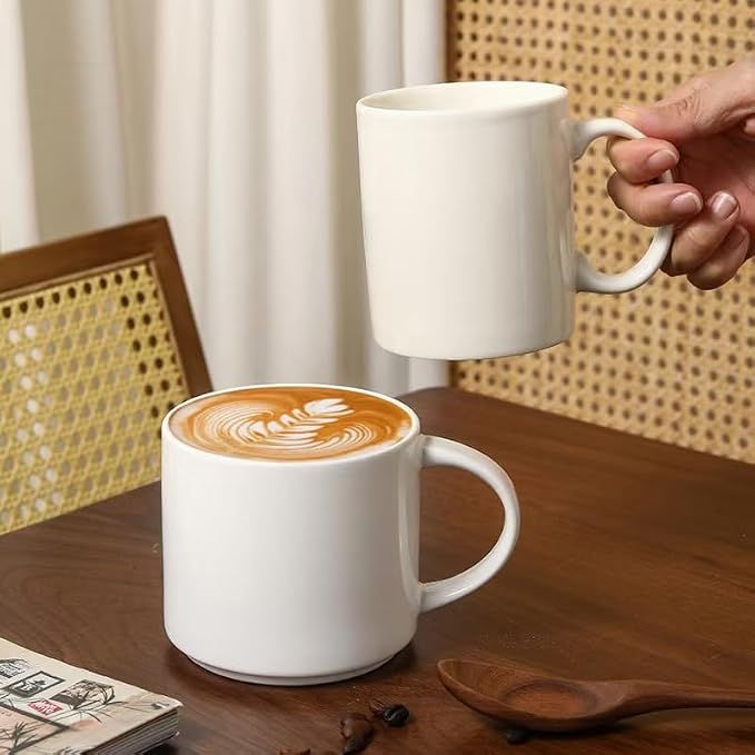 15 OZ Stackable Coffee Mugs Set, Ceramic Coffee Cups with morandi color for Au Lait, Cappuccino,Latte,Cafe,Mocha,Tea, Suit Party Housewarming Wedding, Set of 4, Dishwasher&Microwave Safe, White