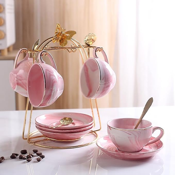 Ceramic Espresso Cups Set with Saucers and Metal Stand, 4 oz Porcelain Stackable Cappuccino Cups Teacup For Tea, Espresso, Latte, Coffee, Cafe Mocha (Pink