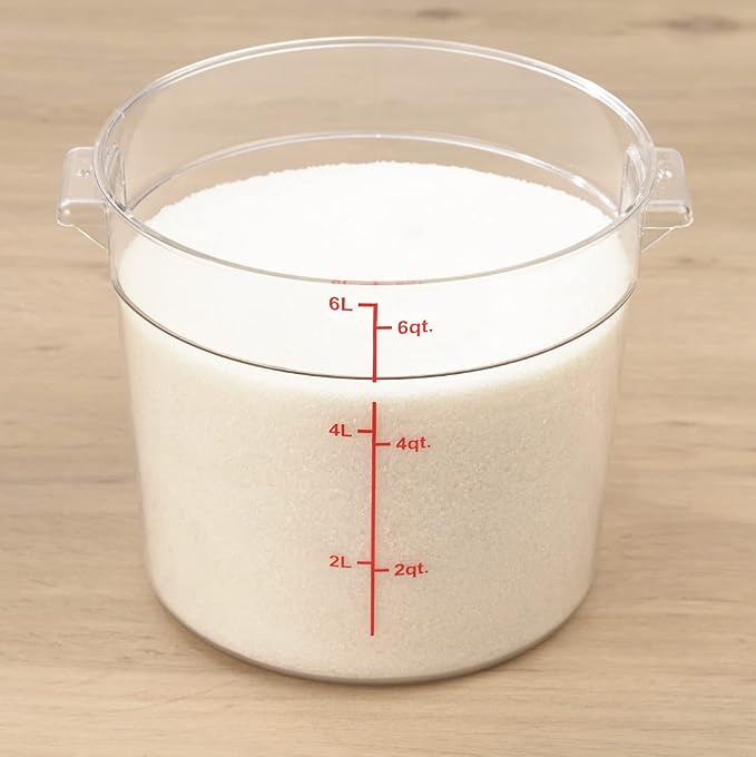 Restaurantware 6 Quart Plastic Food Storage Container - Durable Clear Polycarbonate Storage Bin - Round Food Prep Storage with Red Graduations - Dishwasher Safe Commercial Kitchen Use