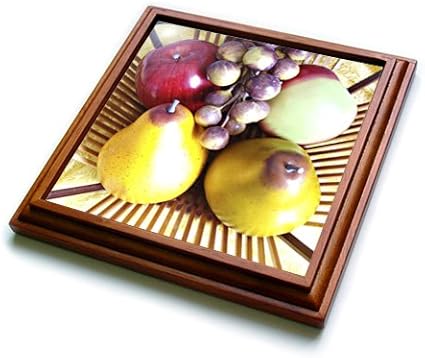 3dRose Pears Apples N Grapes in Basket Trivet with Ceramic Tile, 8 by 8", Brown