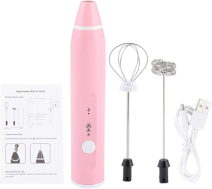 Rechargeable Electric Milk Frother, 3 - Speed Handheld Coffee Mixer with USB Charging, Includes Balloon Whisk for Latte Art, Egg Beating, and Sauce Mixing (pink)