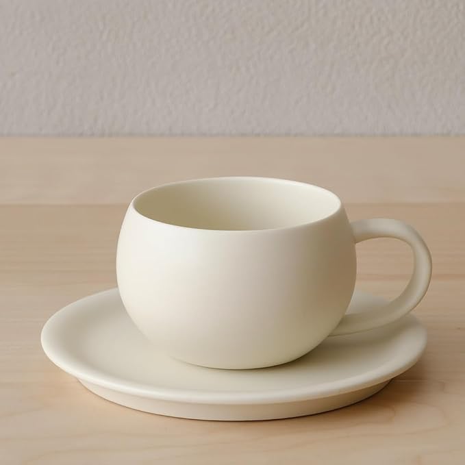 WENSHUO Egg Shaped Coffee Mug with Saucer, 8.5 oz Matte Crème Ceramic Cute Teacup, Modern Minimalist Cappuccino Latte Art Cup Set for Home Office Cafe