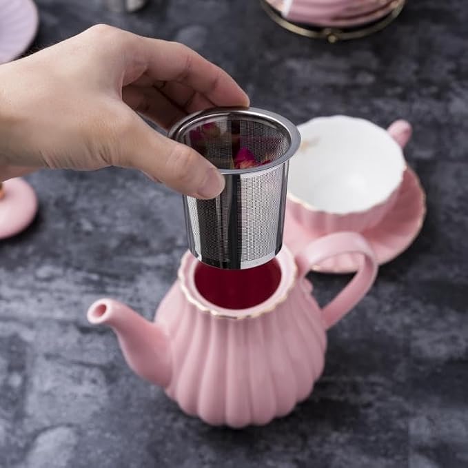 Jusalpha Fine China Pink Coffee Cup/Teacup Set, 7 OZ Cups& Saucer Service for 4, with Teapot-Sugar Bowl-Cream Pitcher Teaspoons and tea strainer for Tea/Coffee, 17-Pieces (TW Full set)
