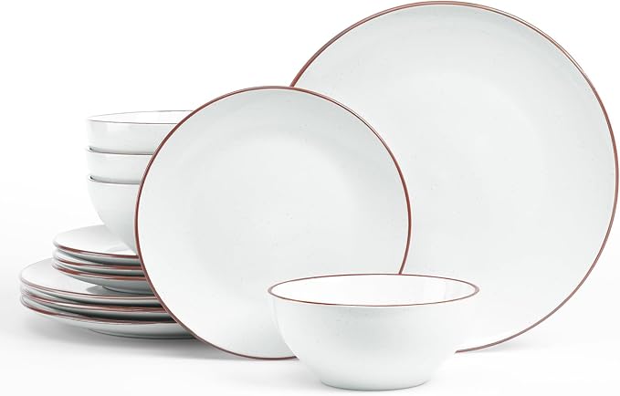 Famiware Venus Stoneware Dinnerware Sets for 4, 12 Piece Plates and Bowls with Rim, Handcrafted Speckled Patterns, Matte White