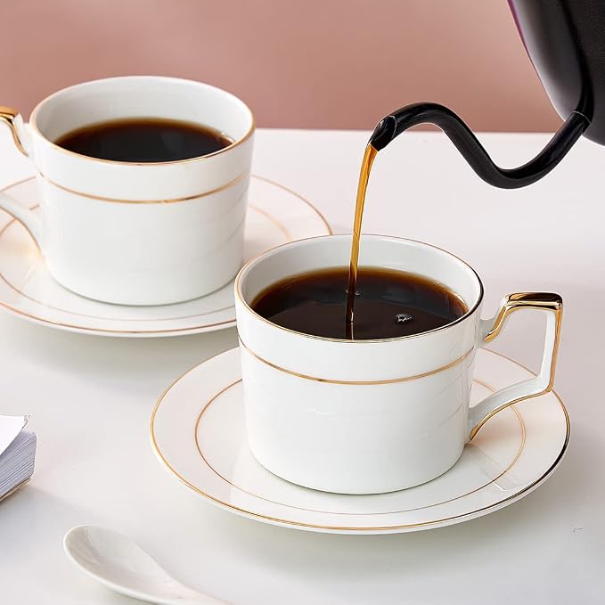 Porcelain Tea Cups and Saucers Set, 6oz Tea Cups with Gold Trim, White Coffee Cups & Mugs Set of 6 with Stand for Cappuccino, Latte, Americano, Tea, Demitasse Cups