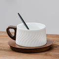 5oz/150ml Cappuccino Cup and Saucer Set, White Porcelain Cup with Walnut Wood Saucer, Espresso Coffee Mug, set of 1 (SYJ-TC002)