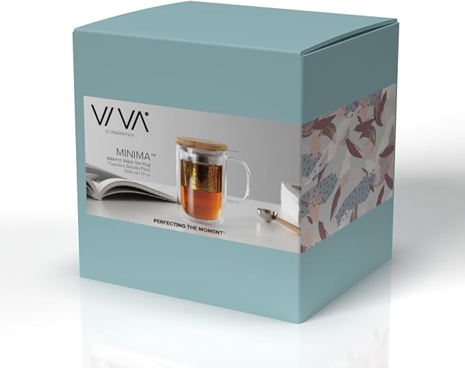 VIVA Minima Double Wall Glass Balance Tea Mug with Mesh Infuser and Wood Lid- 500 ml / 17 oz