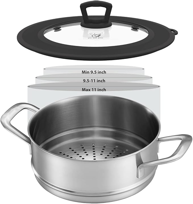 Set of 2 Vented Tempered Glass Universal Lid for Pot Pan Skillet with Heat Resistant Silicone Microwave Safe Splatter Lid Cover Fit 8” 8.5” 9“ and 9.5“ 10” 10.5“ 11”, Black