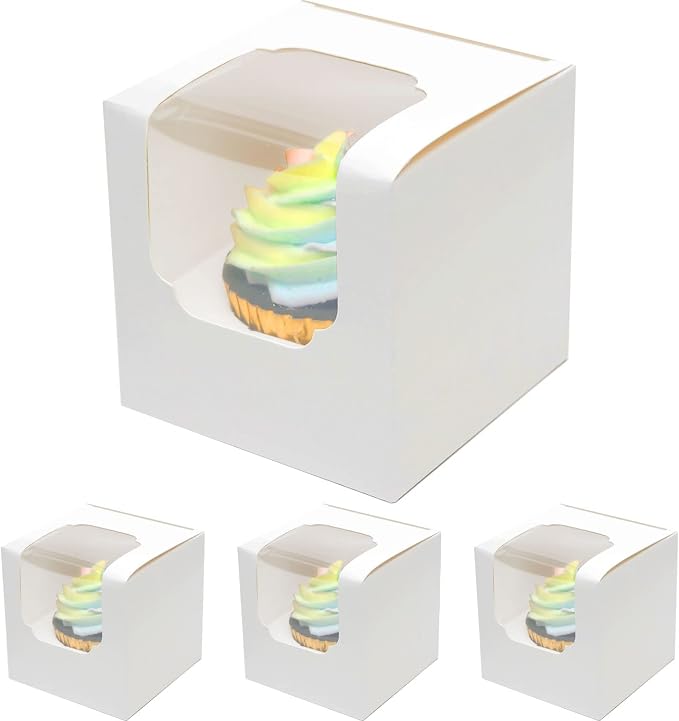 qiqee Cupcake Boxes 200-Packs Individual Cupcake Container White 3.5" x 3.5" x 3.5" Single Auto-pop up Cupcake Boxes