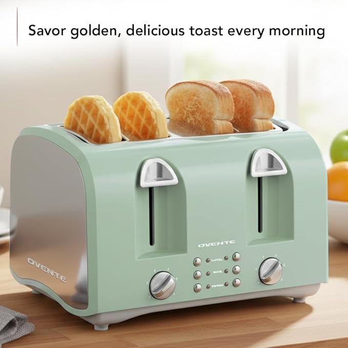 OVENTE Electric 4-Slice Toaster Machine with 6-Shade Selector Setting, Cancel Button, Defrost Function, Crumb Tray, 1400W Power and Wide Slots for Bagels, Waffles and Puff Pastry, Light Blue TS4410LBL