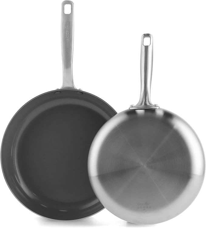 GreenPan Chatham Tri-Ply Stainless Steel Healthy Ceramic Nonstick 8" and 10" Frying Pan Skillet 2-Piece Set, PFAS-Free, Multi Clad, Induction, Dishwasher Safe, Oven Safe, Silver
