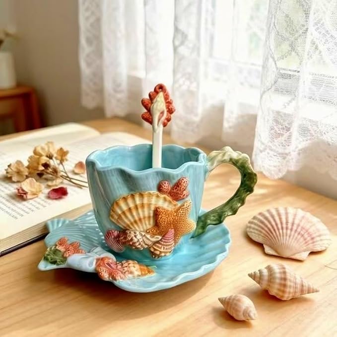 Coastal Seashell Starfish Ceramic Cup and Saucer Set - 3D Hand-Painted Ocean Themed Mug with Seashell-Shaped Saucer, Tableware for Coffee/Tea Lovers