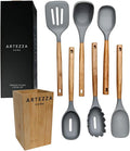 Premium Silicone Kitchen Utensil Set – 7-Piece Cooking Tools with Acacia Wood Handles and Bamboo Holder, Non-Stick, Heat Resistant, BPA-Free, Elegant Kitchen Gift (Grey -7pcs)