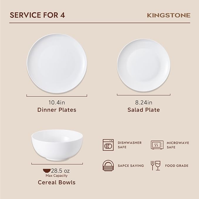 KINGSTONE 12-Piece Bone China Dinnerware Set for 4, Lightweight Porcelain Round Plates and Bowls Set, Durable Scratch Resistant Ceramic Dinner Set, Microwave & Dishwasher Safe, Ivory White