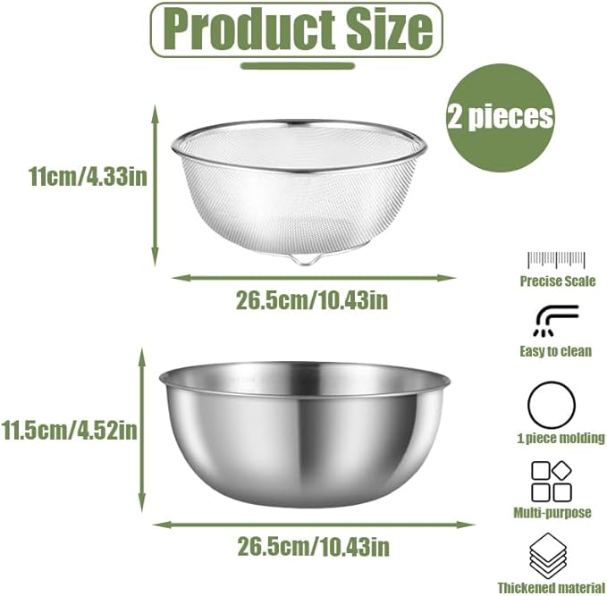 3.7 Qt Stainless Steel Colander & Mixing Bowl with Scale, Large Metal Food Strainer Bowl Fine Mesh for Kitchen Washing Fruit Vegetable Rice Pasta Baking Salad Cooking (Silver)