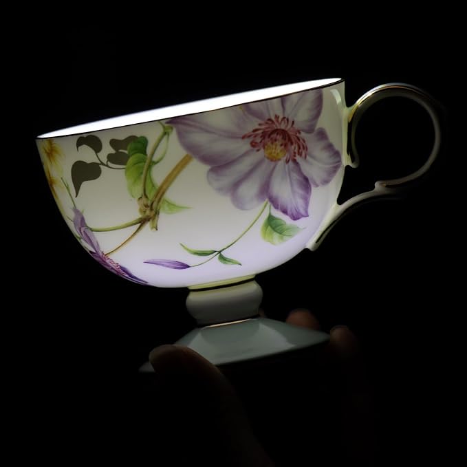 KAMMAK Ceramic Coffee Cups Saucers Set of 2, Porcelain Espresso Cups with Saucers, 7.44 oz Handcrafted Elegant Bone China Tea Cups, Passionflower & Crabapple Blossom Teacup for Party, Women Gift