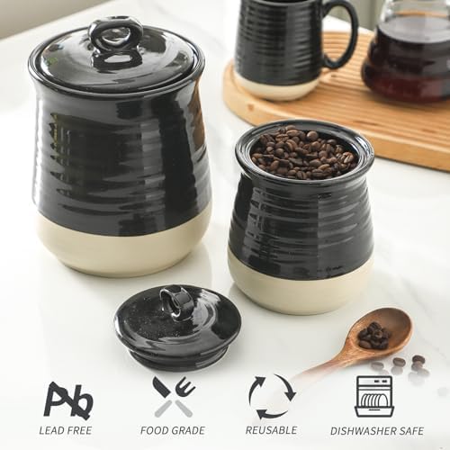 HASENSE Ceramic Kitchen Canister, 75 Oz Large Airtight Coffee Canister with Lid, Food Storage Jar for Coffee Beans, Nuts, Candy, Spices, Flour & Herbs, Farmhouse Kitchen Decor, Black