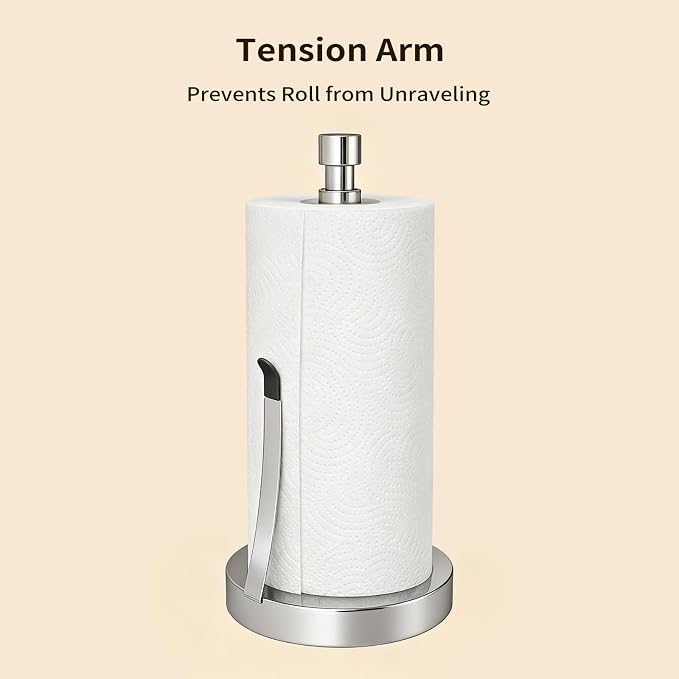 YUMORE Heavy Duty Stainless Steel Paper Towel Holder – Easy One-Handed Tear, Weighted Base Non-Slip, Tension Arm Prevents Unraveling, Countertop Paper Stand for Kitchen, Fits Most Size Rolls (Chrome)
