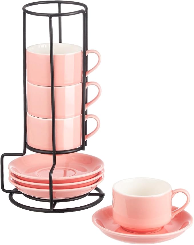 YOLIFE 2.5oz Espresso Cups Set of 4, Porcelain Stackable Espresso Cups, Expresso Shots Cup Set with Saucers and Metal Stand-Pink