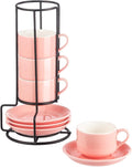 YOLIFE 2.5oz Espresso Cups Set of 4, Porcelain Stackable Espresso Cups, Expresso Shots Cup Set with Saucers and Metal Stand-Pink