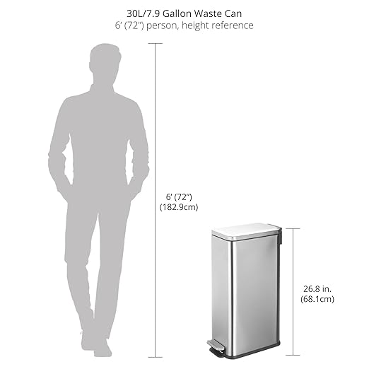 mDesign Slim Metal Rectangle 7.9 Gallon Trash Can with Step Pedal, Easy-Close Lid, Removable Liner - Narrow Wastebasket Garbage Container Bin for Bathroom, Bedroom, Kitchen, Office - Brushed Chrome