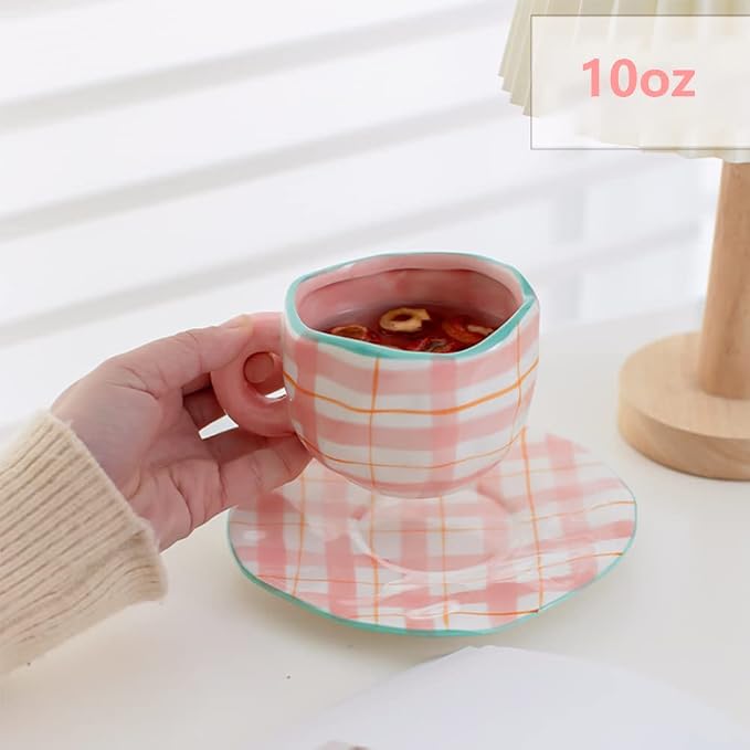 Noviko Pink Coffee Mug Cute Cup with Saucer Set for Women 10 oz