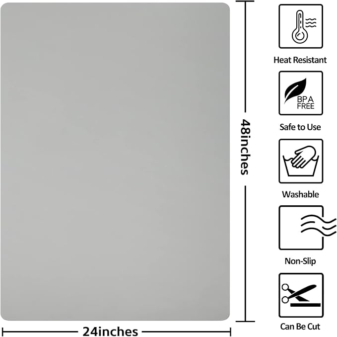 Silicone Mat Heat Resistant Mats for Countertop, Multipurpose Large Silicone Mats for Crafts Kitchen Workbench Size 48x24 inches Thick 2mm,Rolled Package,Grey