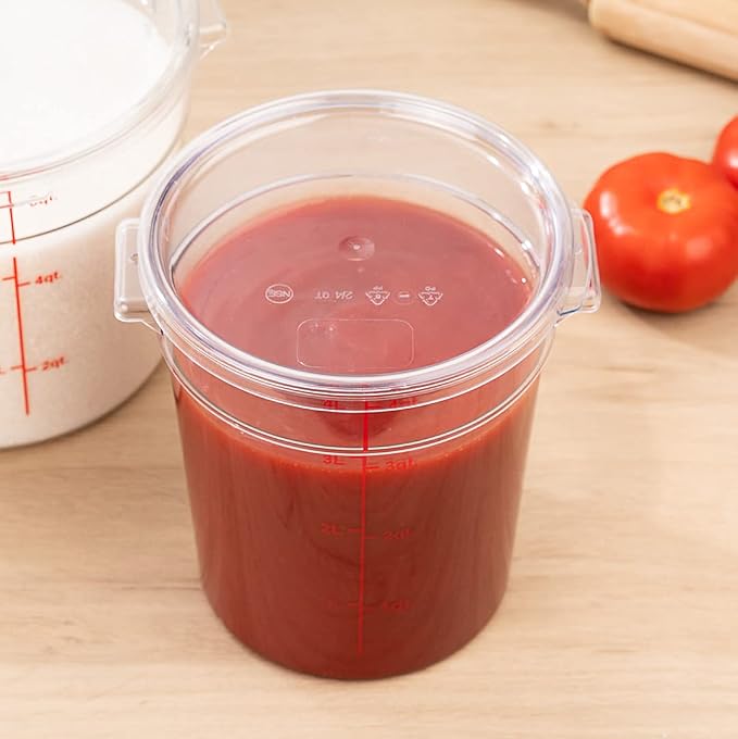 Met Lux 4 Quart Food Storage Container, 1 Round Commercial Storage Container - Lid Sold Separately, With Volume Markers, Clear Plastic Food Prep Bucket, Space-Saving Storage