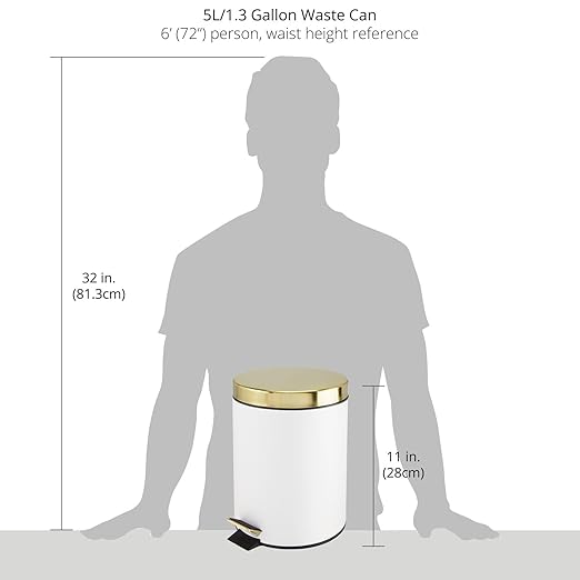 mDesign Pedal Bin — Metal Waste Bin with Pedal, Lid and Plastic Bucket Insert — Perfect for Bathroom, Kitchen, and Office — Household Rubbish Bin with Ergonomic Design — White/Gold
