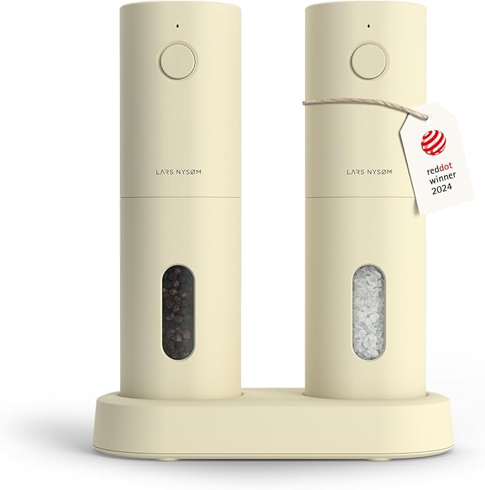 LARS NYSØM Electric Salt and Pepper Grinder Set, USB Rechargeable, Automatic Salt and Pepper Mills, Spice Shakers Refillable with LED Light, Adjustable Coarseness, Ceramic Grinder (Butter Cream)