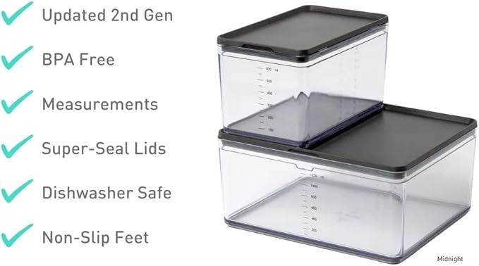 Prepdeck Food Storage Containers from 20% More Capacity - Streamlined & Stackable - Super Seal Lids - Measure in ml, oz & Cups - Color-Matched Grippy Silicone Foot Trim - 3 Size Options, 5 Colors
