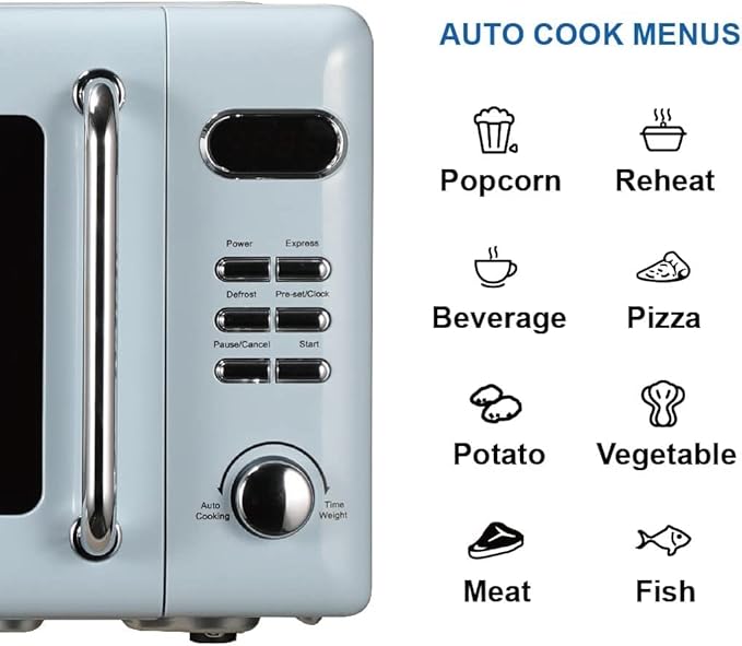 Emerson MWR7020BL Retro Compact Countertop Microwave Oven with Button Control, LED Display, 700W 5 Power Levels, 8 Auto Menus, Glass Turntable and Child Safe Lock, 0.7, Thunderbird Blue