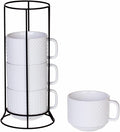 Buyajuju Porcelain Stackable Coffee Mugs Set of 4 with Metal Stand, 12 Ounce Stackable Different Embossment Coffee Cup holder for Coffee, Tea, Cocoa, Drinks, White