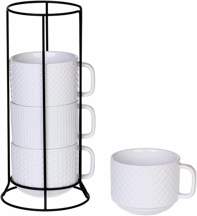 Buyajuju Porcelain Stackable Coffee Mugs Set of 4 with Metal Stand, 12 Ounce Stackable Different Embossment Coffee Cup holder for Coffee, Tea, Cocoa, Drinks, White