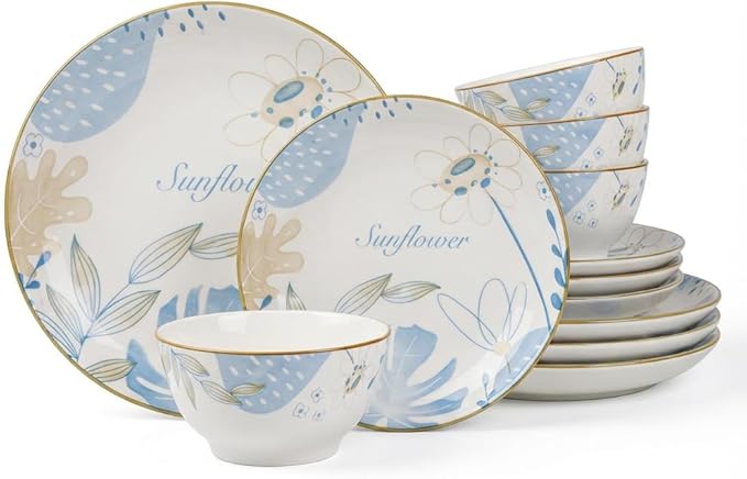HUHUI Ceramic Dinnerware Set, Service for 4, 12-Piece, Blue Floral | Sunflower Floral, Scratch Resistant, Microwave Safe, Dishwasher Safe