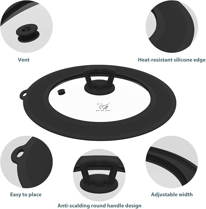 Vented Tempered Glass Universal Lid for Pot Pan Skillet with Heat Resistant Silicone Rim Microwave Splatter Lid Cover Microwave Safe Fit 6.5" 7" 7.5" Cookware, Dishwasher Safe Black