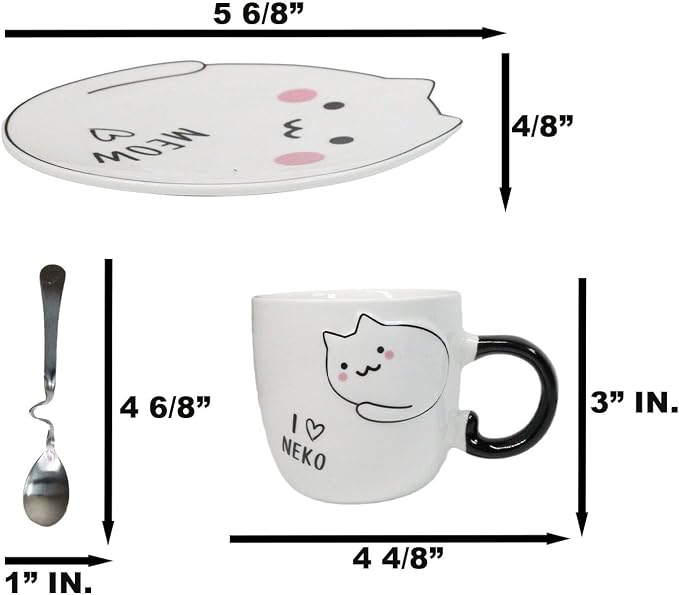 Ebros Pack Of 2 Crazy For Cats Maneki Neko Porcelain Coffee Tea Mug Cup 8oz With Saucer Tray And Notched Spoon Animal Pets Kittens Mugs Cups Kids And Adults Drinkware (White Pink Blushes)