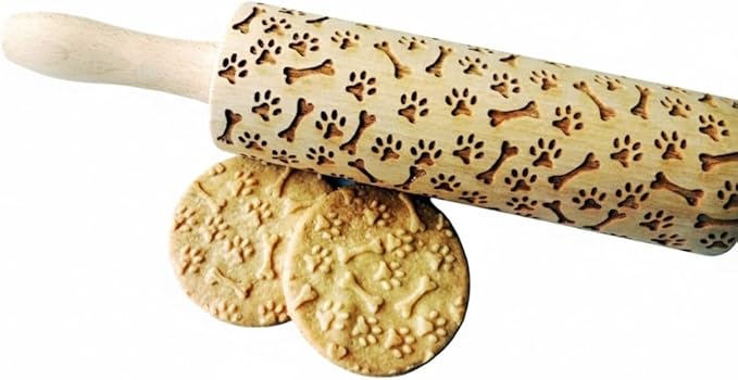 PAW and BONE EMBOSSING ROLLING PIN LASER ENGRAVED PATTERN with PAWS and BONES for EMBOSSED COOKIES or PASTA